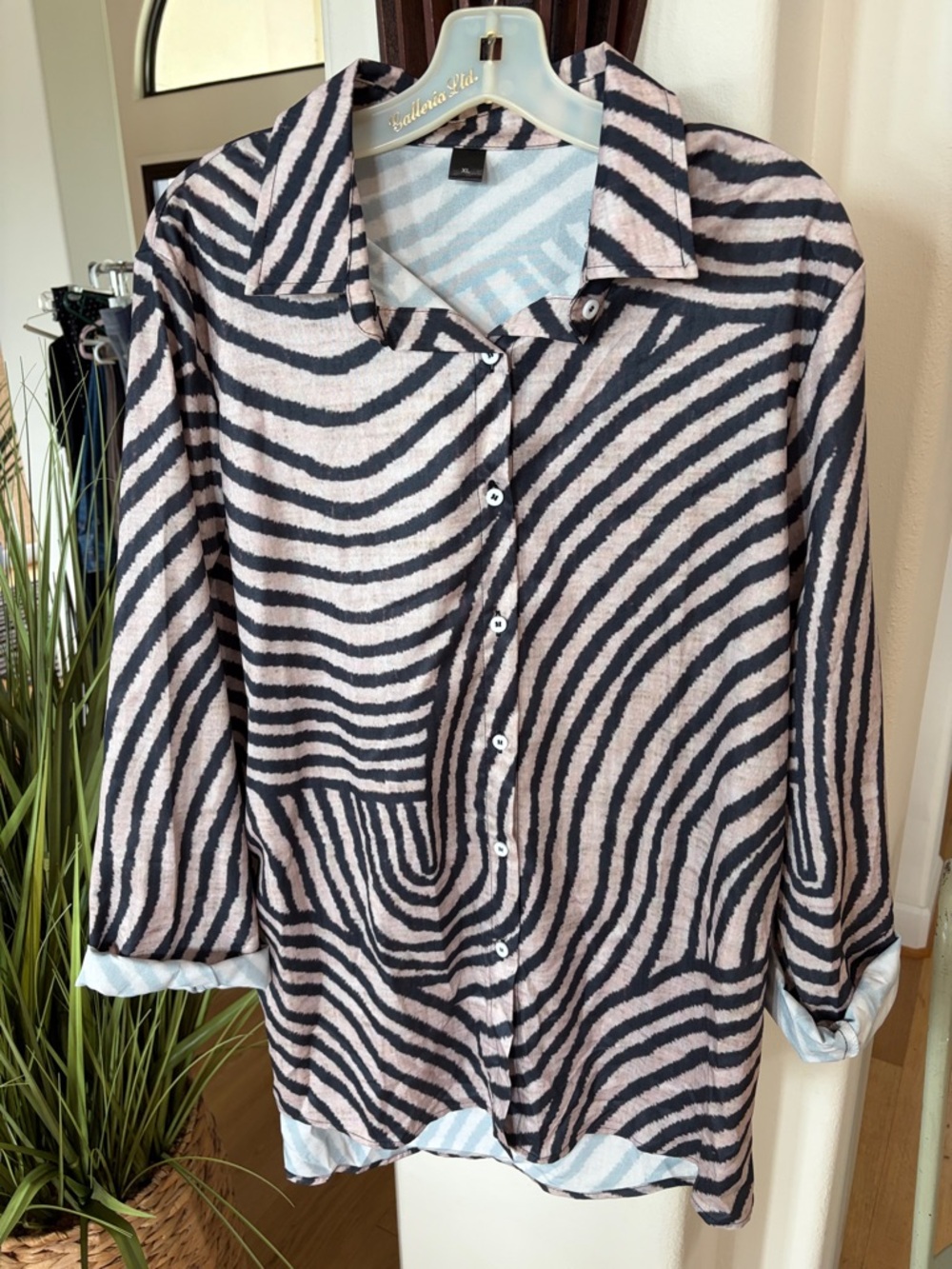 Button-Down Zebra Print Blouse in Black and Cream